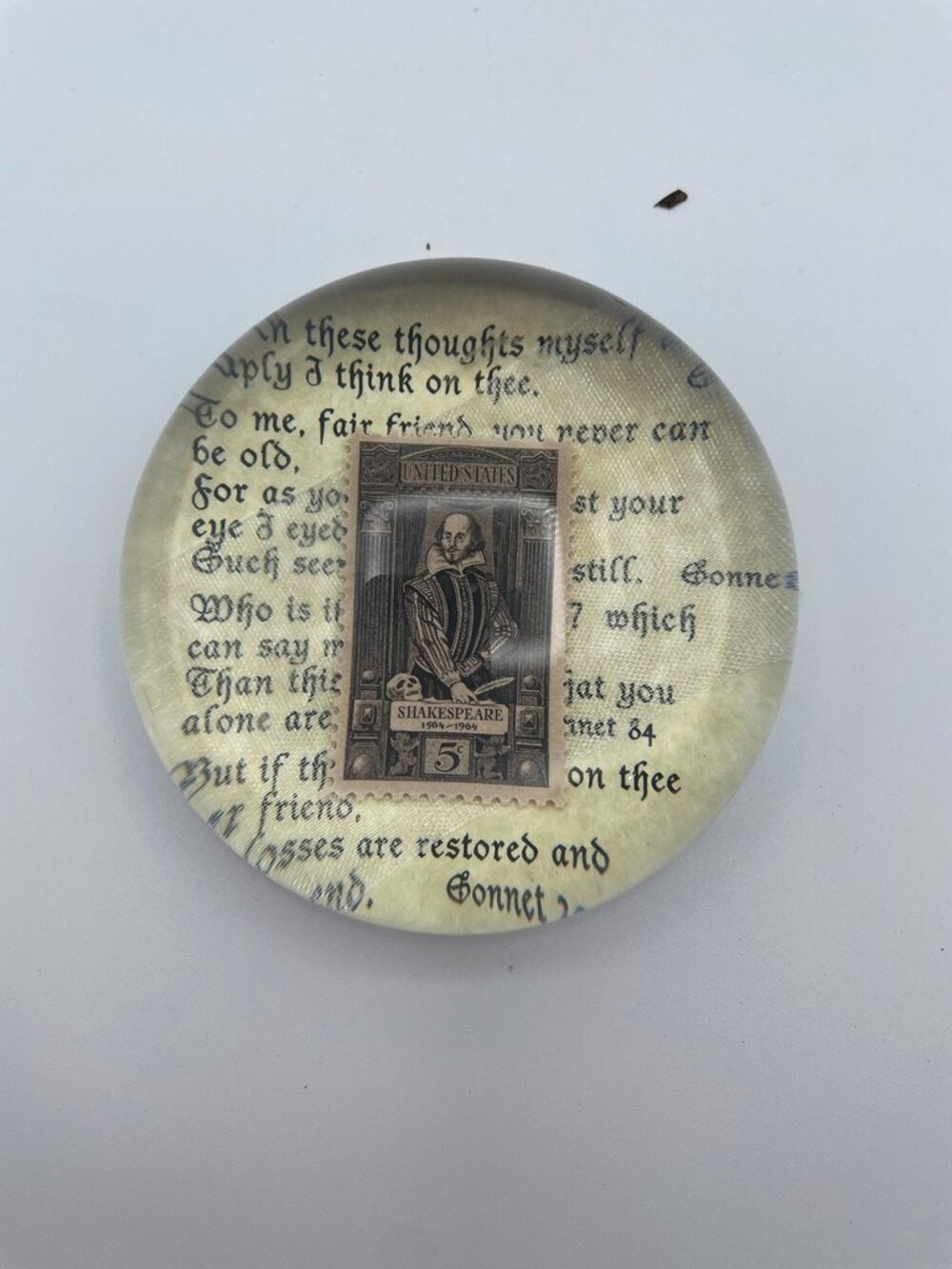 Vintage Punch Studio Shakespeare Glass Domed Paperweight 1964 US 5 Cent Stamp
